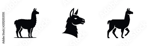 Foto Minimalist collection of black llama and alpaca silhouettes, featuring full body profiles and a head icon on a clean white background