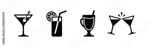 Bilde på lerret Set of minimalist black cocktail and beverage icons on a white background, featuring a martini, juice, coffee, and a celebratory toast