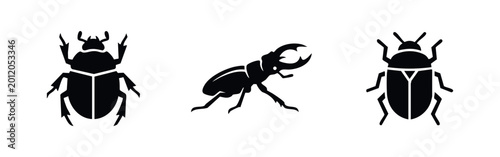 Photos Set of three minimalist black beetle silhouettes, including a stag beetle and scarab, isolated on a white background