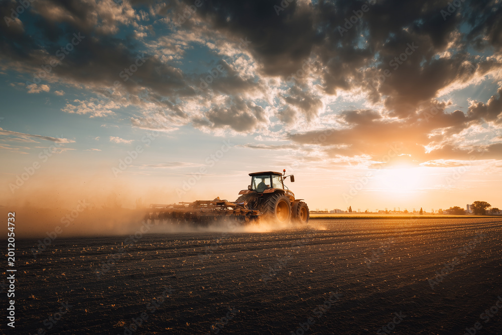 Fototapeta premium Modern tractor plowing a field at sunset, creating a cloud of dust. Concept of industrial agriculture, seasonal farm work, and food production in a beautiful rural landscape at dawn