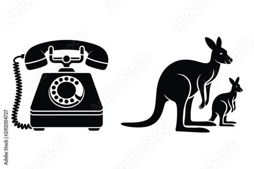 Photography Vector illustration of a vintage rotary telephone next to a kangaroo and joey