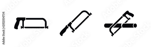 Tableau sur toile Set of minimalist black hacksaw icons for metalworking and DIY, featuring flat vector designs of hand tools and a saw cutting through a pipe
