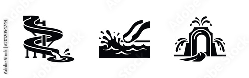 Photography Set of black and white icons representing water park attractions, including a spiral waterslide, a splash into a pool, and an arched fountain