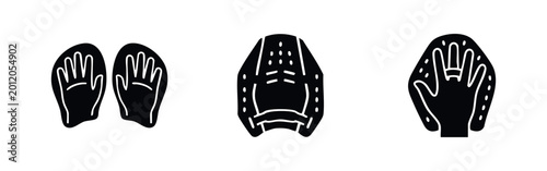 Bild auf Leinwand Black vector icon set of swimming hand paddles for strength and technique training, isolated on a white background for sports and fitness design