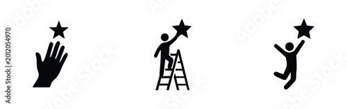 Obraz na płótnie Black and white icons representing achievement and ambition, featuring a hand reaching, a person on a ladder, and jumping for a star
