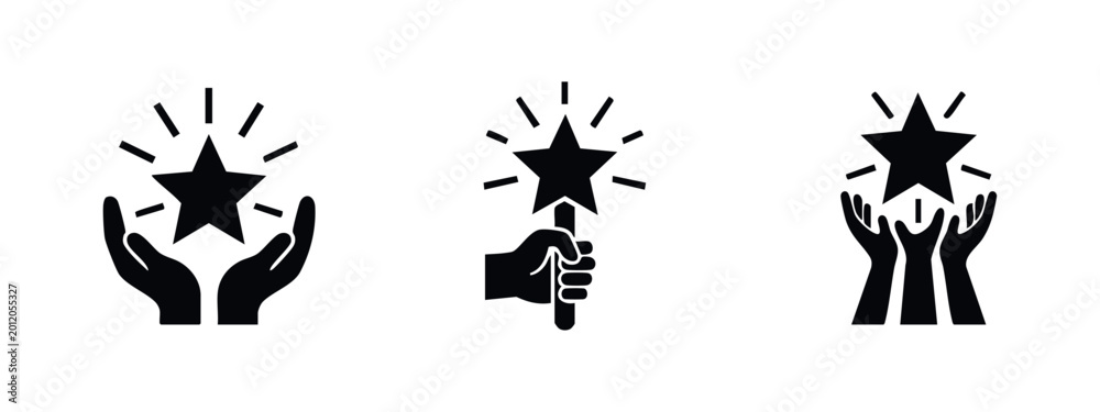 Fototapeta premium Set of black icons representing success, quality, and magic, featuring hands holding and reaching for shining stars on a white background.