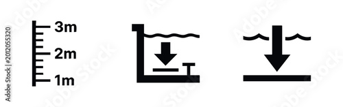 Fotografija Collection of black water depth icons featuring a meter scale and liquid level indicators for swimming pool safety and depth measurement