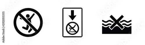 Foto Set of three black and white water safety icons featuring warning symbols for no jumping, no diving, and no swimming to ensure public safety
