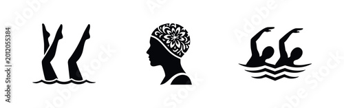 Fotografie Set of three black and white silhouettes representing artistic swimming, featuring synchronized swimmers' legs, a decorative swim cap, and a duet