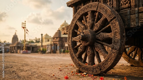 Detailed Close-up of Massive Ornate Wooden Chariot Wheels with Intricate Traditional Carvings during Ratha Yatra Festival under Warm Golden Sunlight
