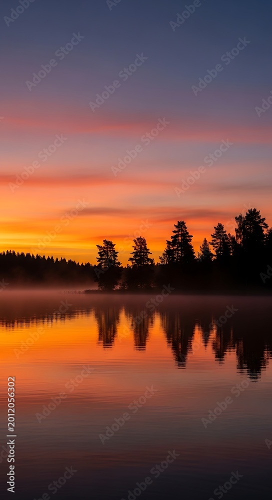Fototapeta premium Vibrant Forest Silhouette Reflecting on Calm Lake at Colorful Sunset
