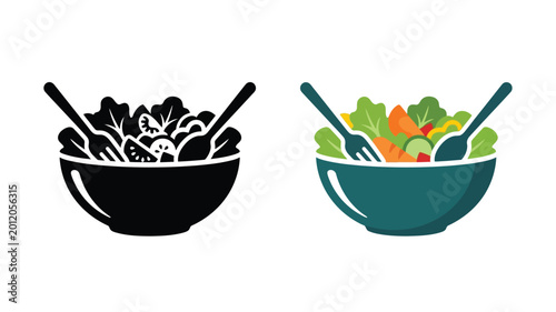 Photos Salad bowl with utensils black silhouette and color vector illustration