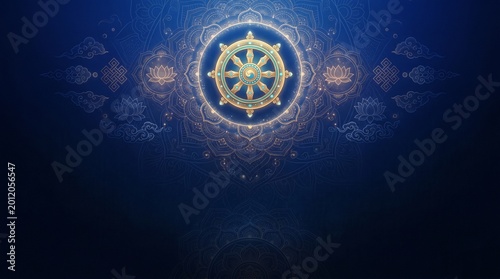 Chokhor Duchen Banner Wallpaper with Blue Gradient Background, Elegant Mandala Patterns, and Glowing Light Accents for Buddhist Celebration
