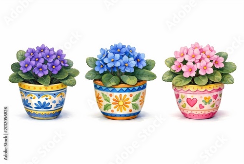 Set of 3 African Violet purple, blue and pink flower plants in pots isolated on white background 