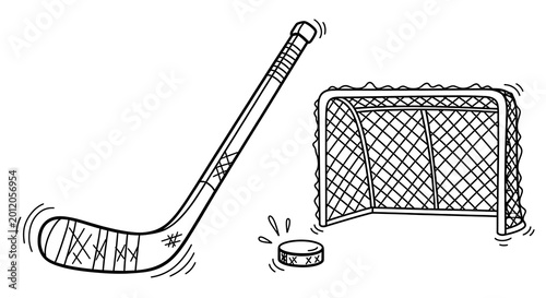Hand Drawn Hockey Stick Puck and Goal Net Arranged on White Background
