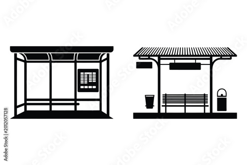 Public transport bus stop shelter and bench silhouette vector illustration