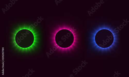 Neon glowing circles abstract background with colorful light halos