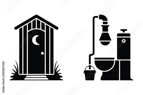 Outhouse and indoor toilet plumbing icons set with outhouse plumbing bathroom
