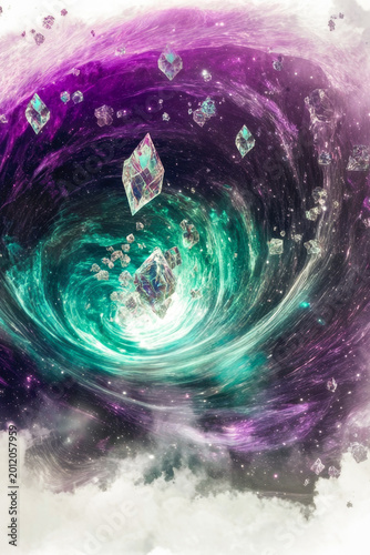 A colorful, swirling vortex with a diamond at its center vertical frame