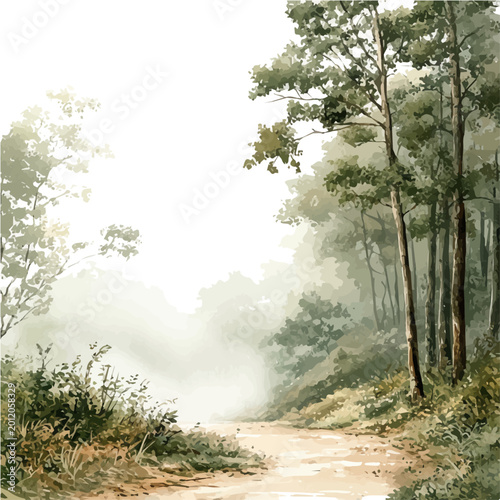 Foggy Forest Path, vibrant watercolor vector, isolated on a white background, high quality and detailed design.