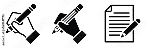 Clipboard and pencil writing icons featuring hand holding pencil, note taking, checklist, and documentation symbols