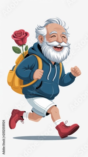 Smiling elderly man jogging with backpack and rose in cheerful active lifestyle scene on light background