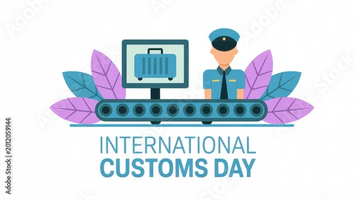 International Customs Day banner with customs officer luggage scanner and conveyor belt in modern flat style design
