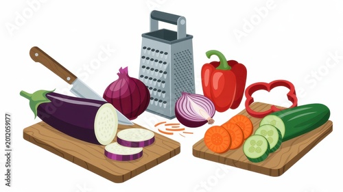 Fresh vegetables and kitchen utensils on cutting boards with knife grater and colorful ingredients for healthy cooking concept