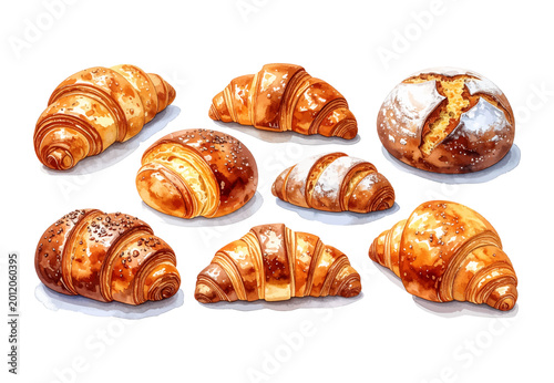 Watercolor Croissant and Artisan Bread Clipart Set - Butter Croissant, Sesame Croissant, Sugar Dusted Croissant, Chocolate Croissant, Plain Croissant, Round Sourdough Bread French Bakery Illustration