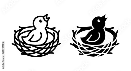 Canvastavla Chirping Baby Birds in Nest Icons, Black and White Vector Art