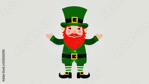 Stylized cartoon leprechaun with green outfit and beard, arms outstretched as if greeting.