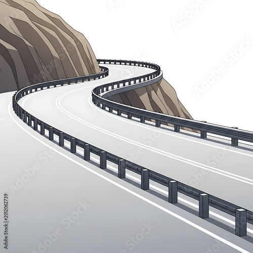 Winding Mountain Road Curving Along Rocky Cliff with Metal Guardrails