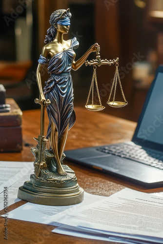 A statue of Lady Justice sits on a desk beside a laptop, symbolizing fairness and wisdom in modern times vertical frame