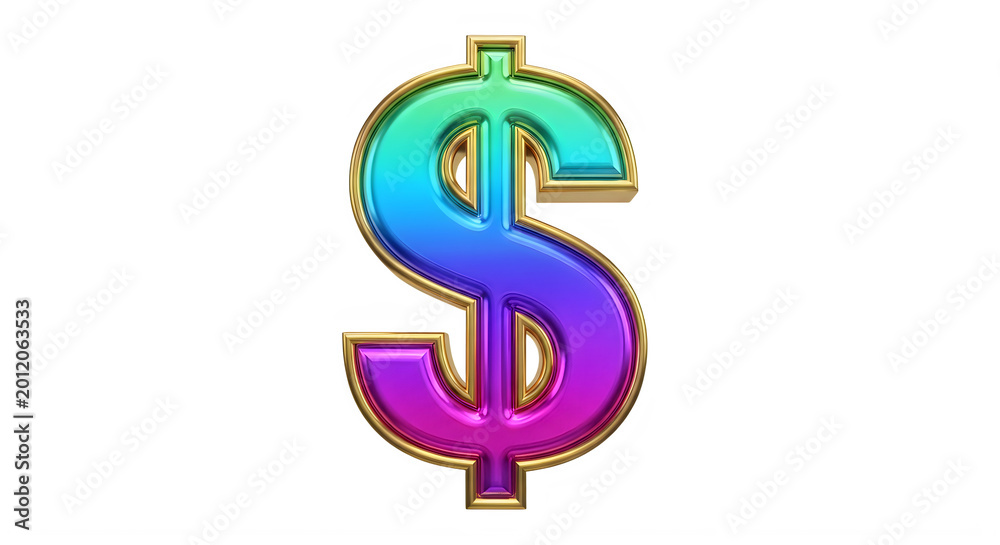Obraz premium Dollar sign with colorful gradient and gold border on white background