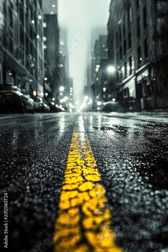 A wet city street with a yellow center line, ideal for use as a background or setting for various scenes vertical frame