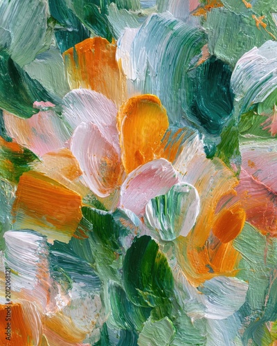 Thick impasto painting with bold textured brushstrokes in orange, green, and clay tones. Rich surface highlights depth and expressive material.