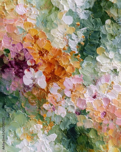 Thick impasto painting with bold textured brushstrokes in orange, green, and clay tones. Rich surface highlights depth and expressive material.