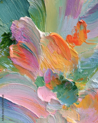 Close-up of heavy paint layers applied with palette knife. Vibrant orange and earthy green tones create a tactile abstract surface.