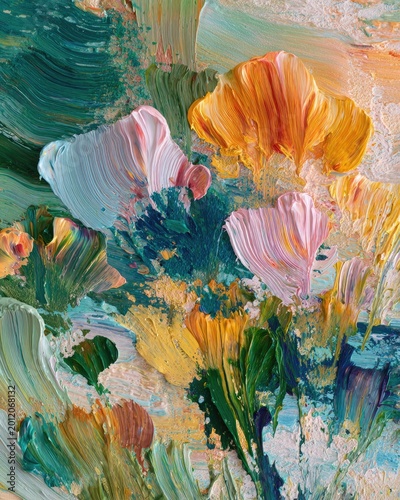 Close-up of heavy paint layers applied with palette knife. Vibrant orange and earthy green tones create a tactile abstract surface.