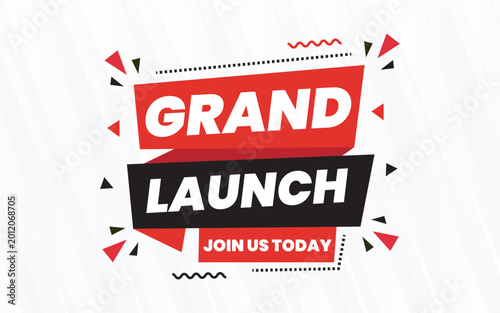 Grand Launch Join Us Today Promotional Banner with Bold Red, Black and White Geometric Design