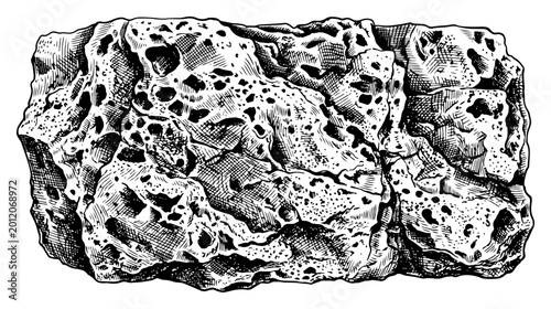 Schilderij op canvas Porous volcanic rock with organic pitted texture in vintage engraving style