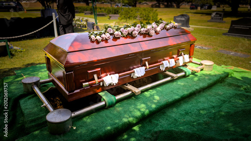 Fotografie Above view of a brown casket with pallbearer gloves covered with individual rose