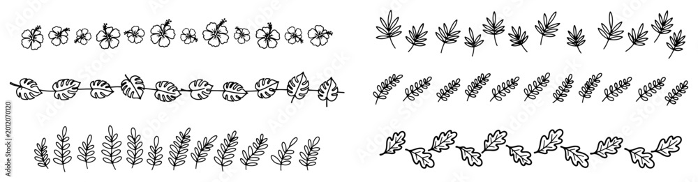 Obraz premium Floral and foliage decorative borders featuring various leaves and flowers in hand drawn doodle style
