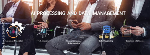 Obraz na plátně People Engaged in AI Processing and Data Management with Mobile Devices in Modern Office Setting Featuring Multiple Applications and Tasks Haptic