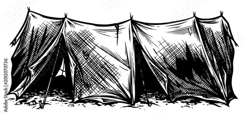 Foto Old worn military camp tent for survival or refugee shelter in hand drawn sketch