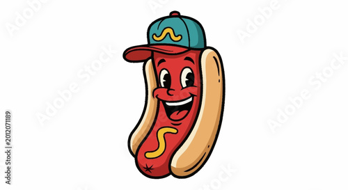 Smiling hot dog cartoon character wearing baseball cap