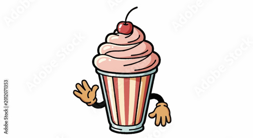 Cartoon pink ice cream sundae with cherry and arms