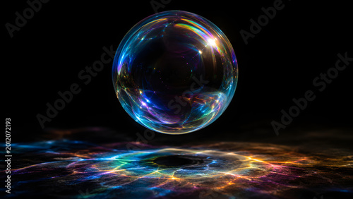 Single iridescent soap bubble floating above a colorful abstract light reflection on black