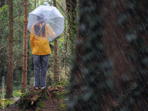 Teenager girl in yellow tourist coat with translucent umbrella is a forest park. Tourism and adventure in wet rainy season concept. Explore nature theme. Model with slim body type.