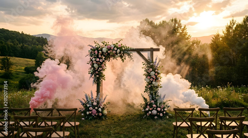 Outdoor wedding arch decorated with flowers and surrounded by pink and white smoke bombs